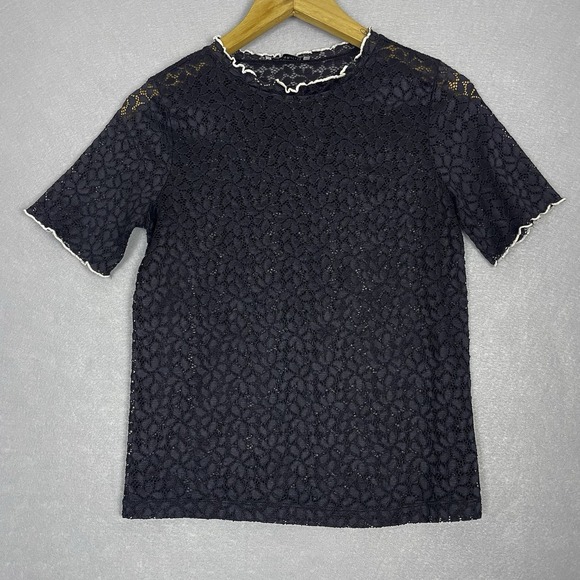 Black Lace Top with White Trim Short Sleeve Elegant Blouse - Picture 1 of 8